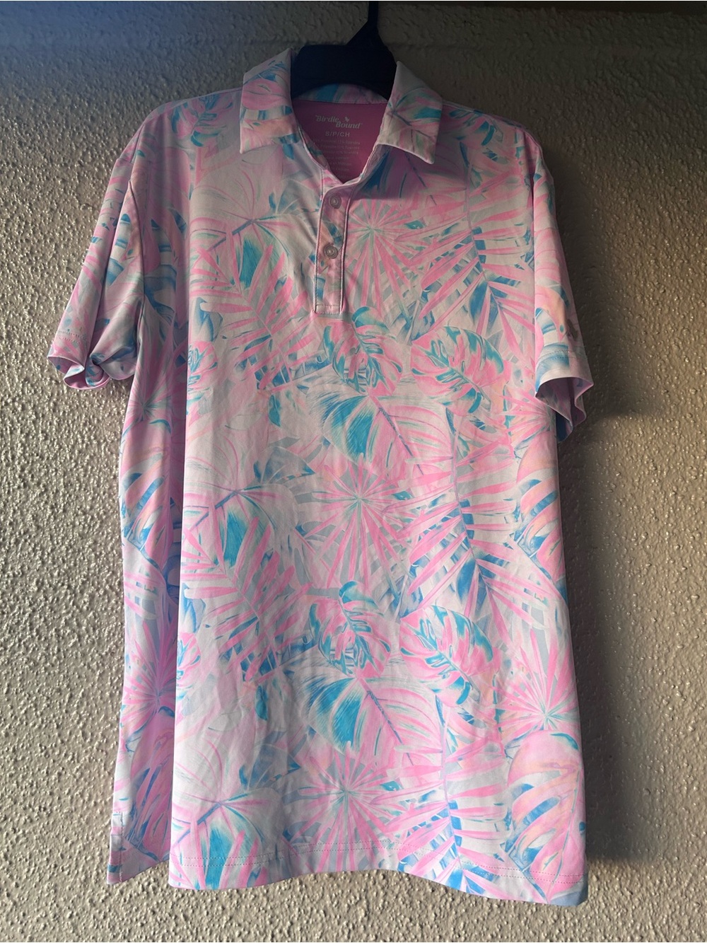 Birdie Bound Men's Golf Polo Shirt Pastel Pink Polo and Aqua Accents mens small